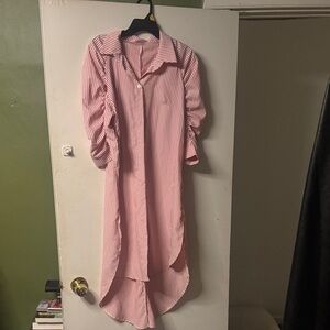 SHEIN Pink & White Striped High-Low Shirt Dress